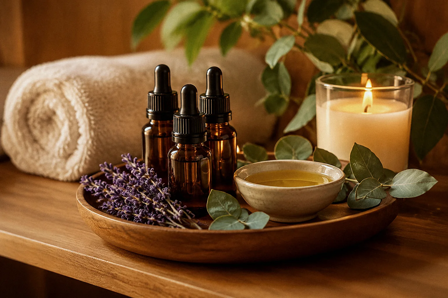 Essential oil bottles, lavender and eucalyptus for an aromatherapy massage