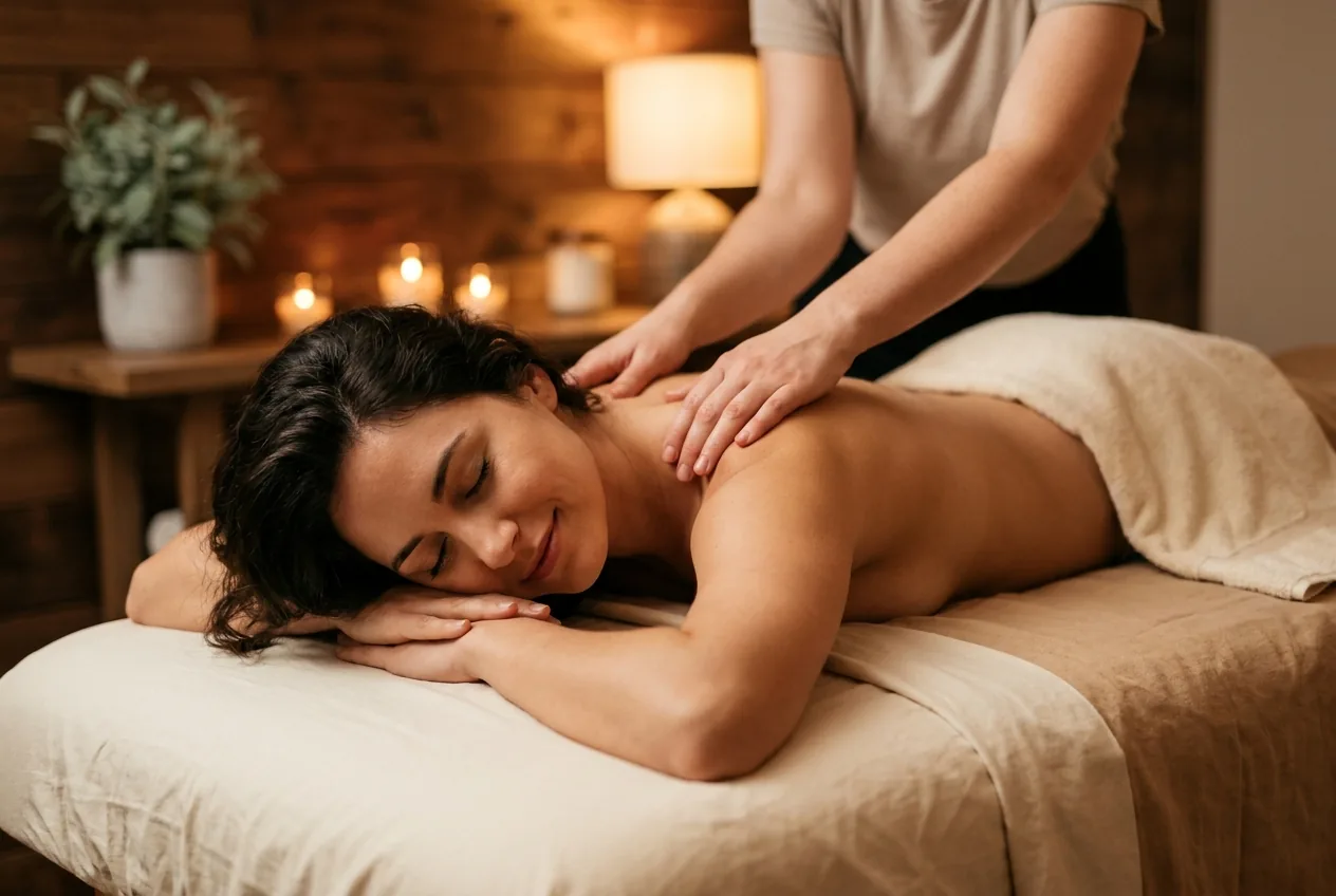 Client relaxing with her eyes closed as a therapist massages her upper back