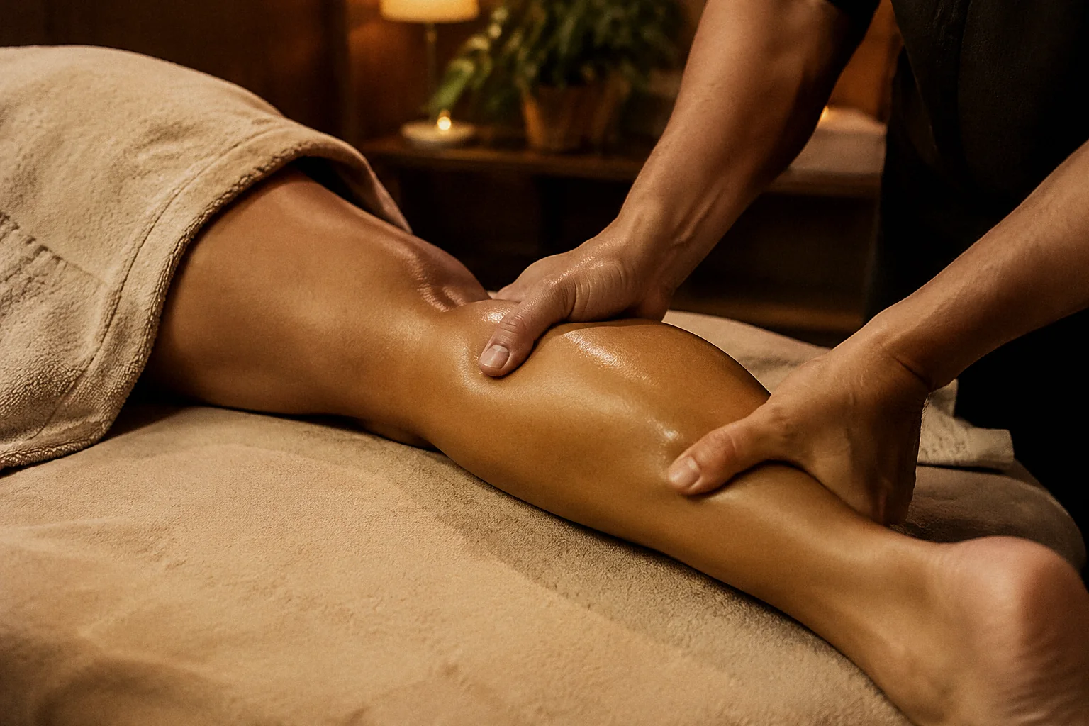 Therapist working the calf muscle during a sports recovery massage