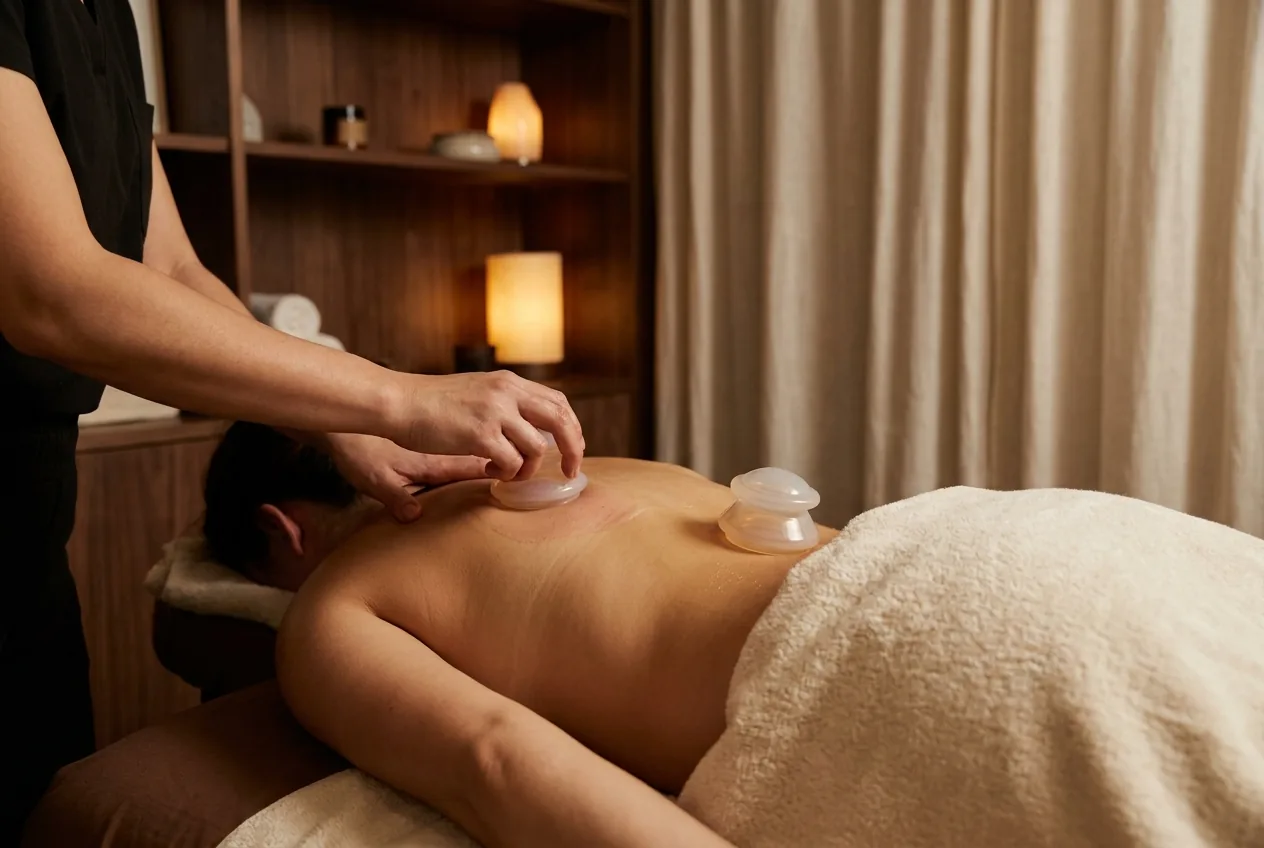 Therapist gliding a silicone cup along the back during MCT cupping