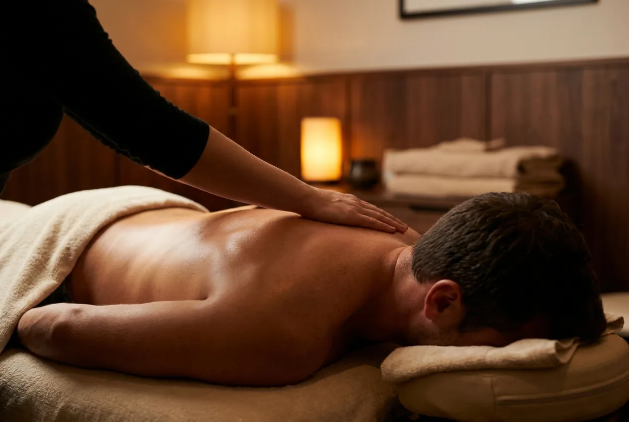 Therapist using a slow forearm stroke along a client's upper back
