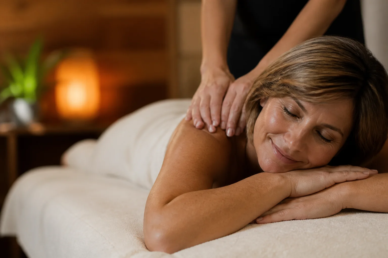 Woman relaxing with her eyes closed during a shoulder massage at Massage Time Spa in Puyallup