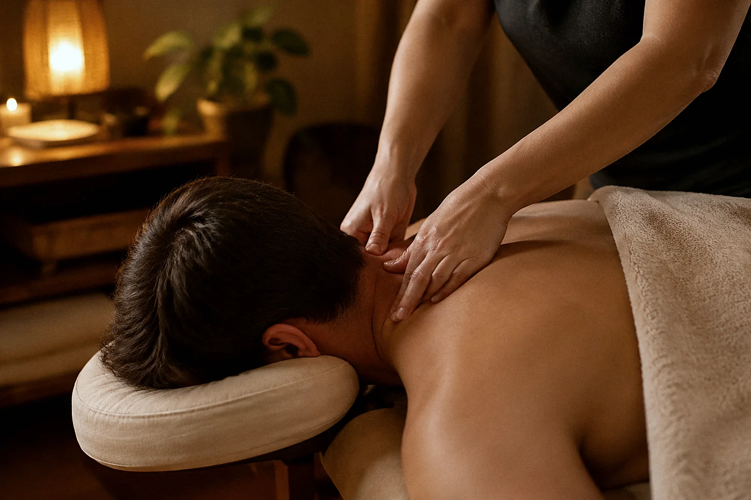 Therapist working the neck and shoulders of a client resting in the face cradle