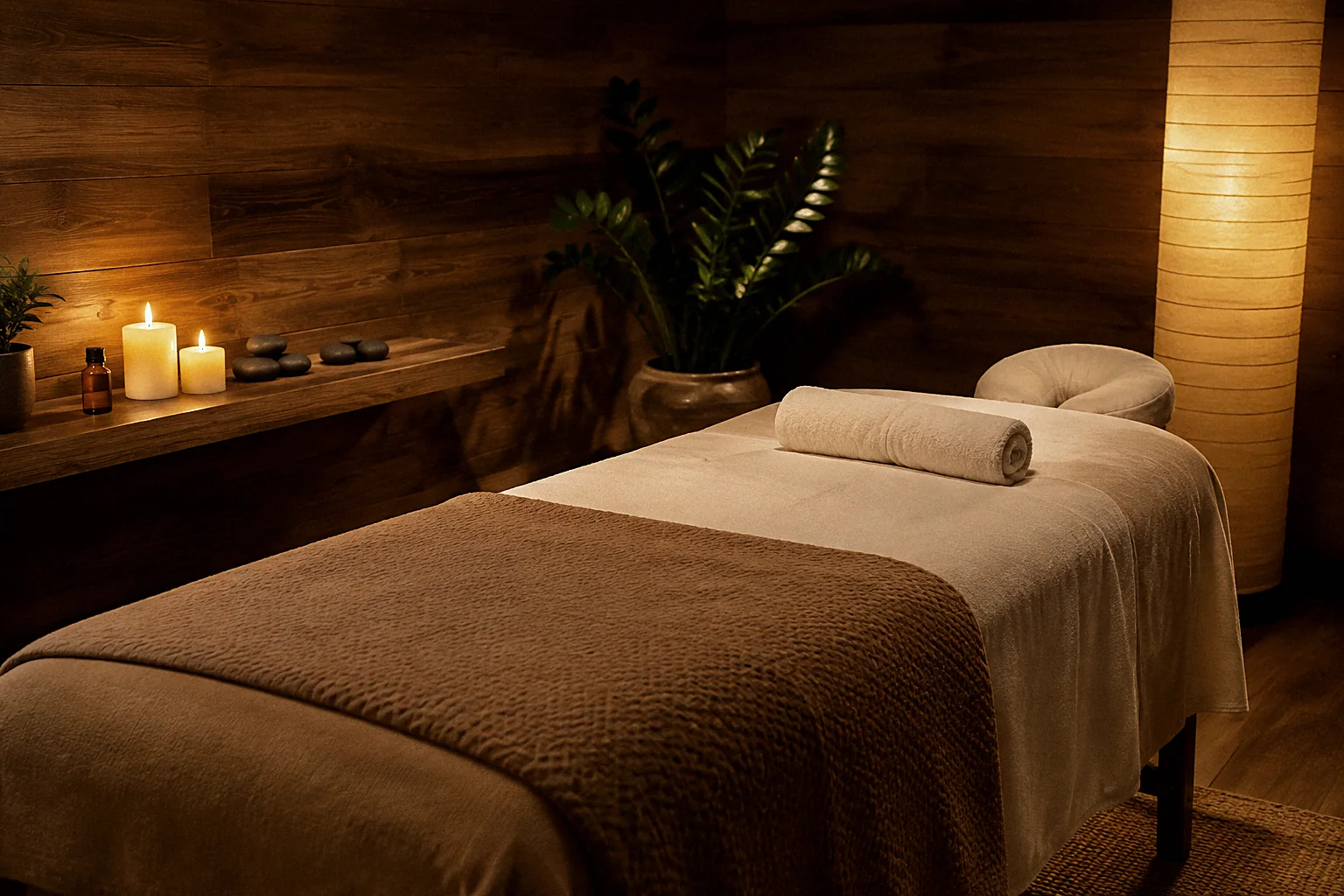 A warm, quiet massage room with a made-up table, candles and a green plant