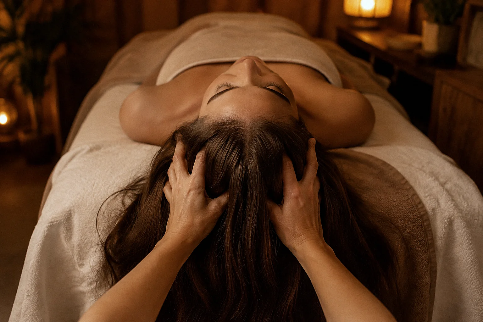 Therapist giving a relaxing scalp massage