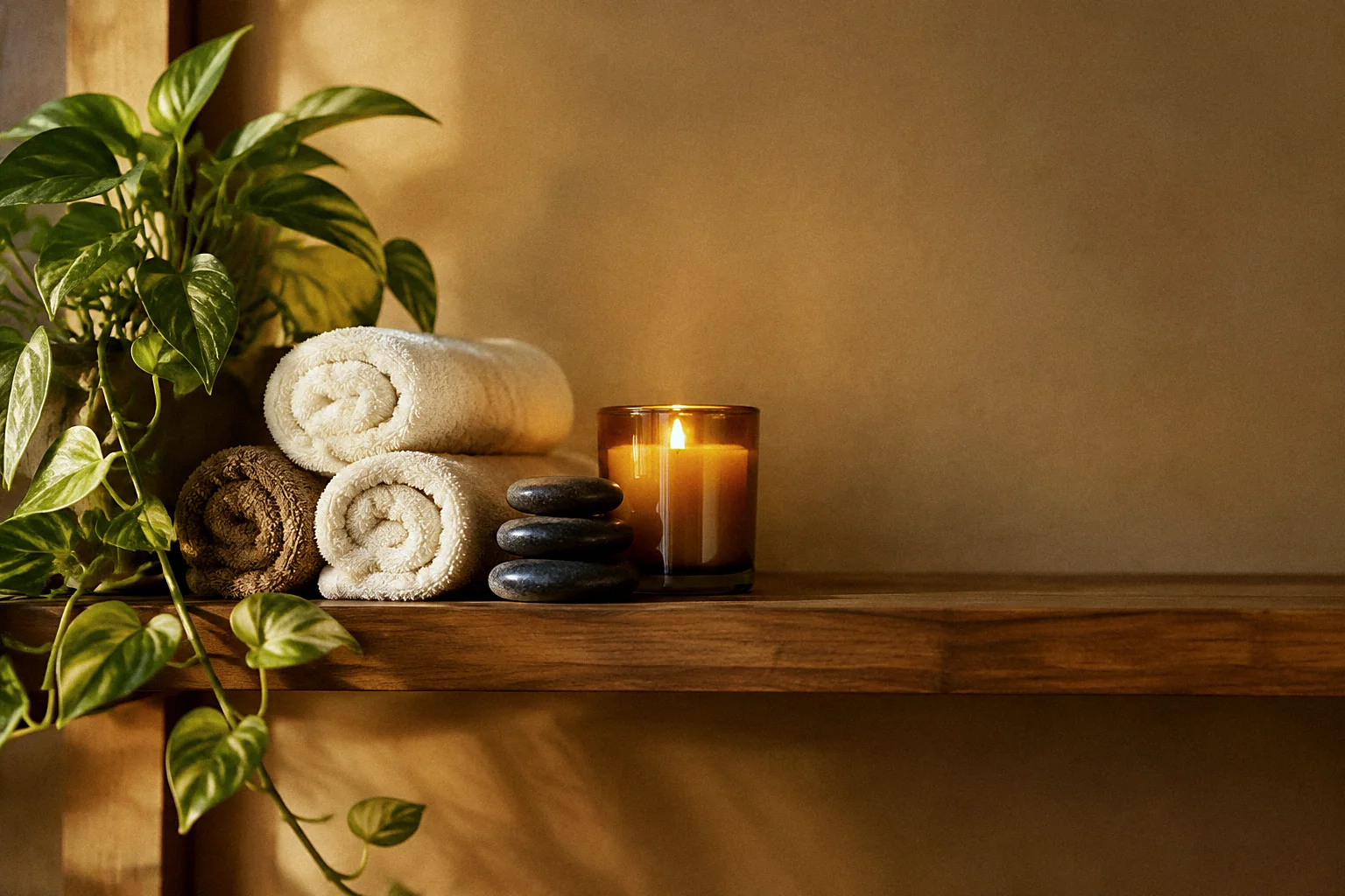 Rolled towels, river stones and a candle on a wooden shelf